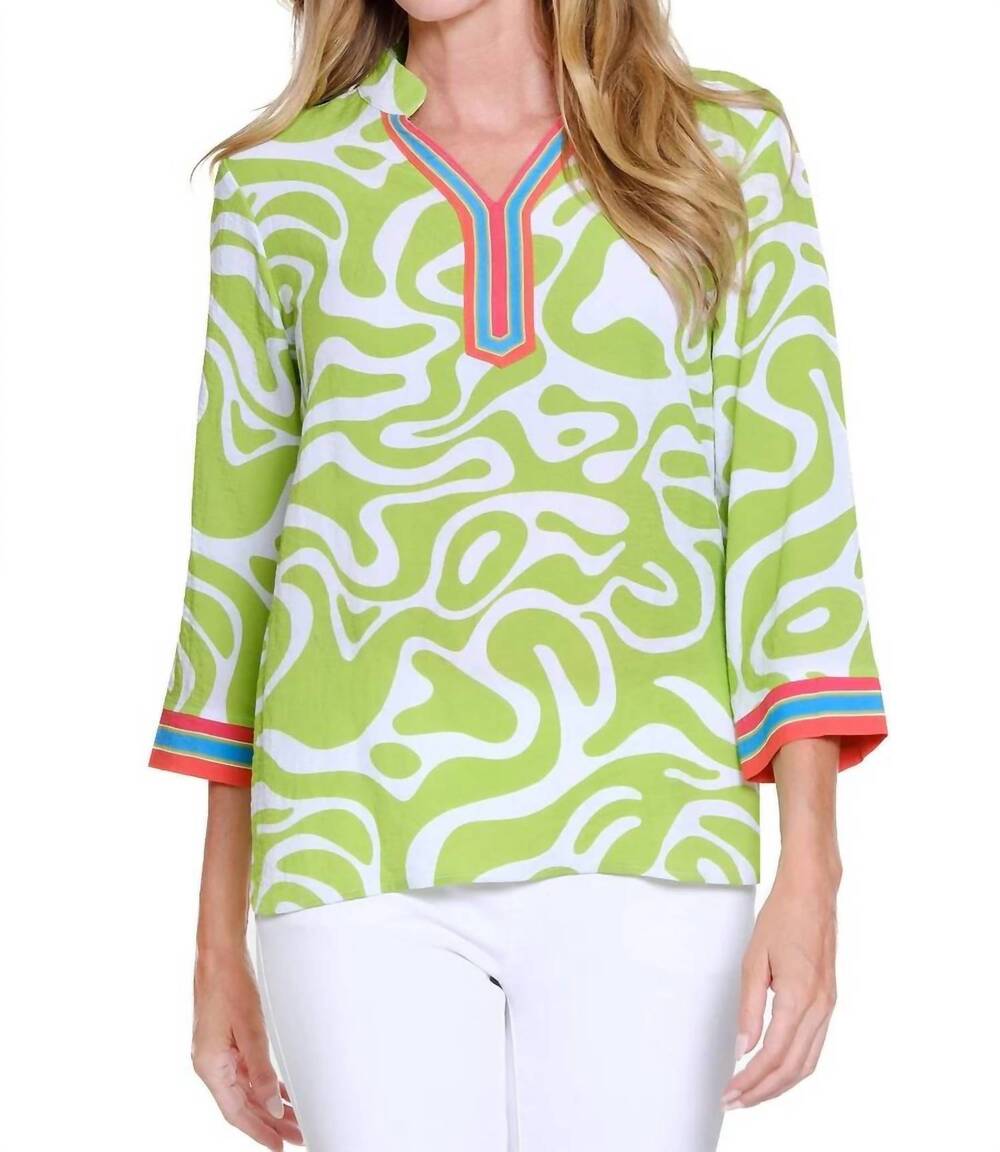 NEW MULTIPLES cuffed dolman collared top in lime green/multi